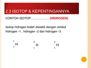 CONTOH ISOTOP……………… (HIDROGEN)
Isotop hidrogen boleh diwakili dengan simbol
hidrogen -1 , hidrogen -2 dan hidrogen -3
2.3 ISOTOP & KEPENTINGANNYA
1
1
H
2
1
H
3
1
H
 