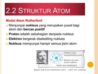2.2 STRUKTUR ATOM
Model Atom Rutherford
 Menjumpai nukleus yang merupakan pusat bagi
atom dan bercas positif
 Proton adalah sebahagian daripada nukleus
 Elektron bergerak disekeliling nuklues
 Nukleus mempunyai hampir semua jisim atom
 