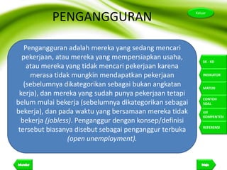 16
Keluar
SK - KD
INDIKATOR
MATERI
CONTOH
SOAL
UJI
KOMPENTESI
REFERENSI
PENGANGGURAN
Pengangguran adalah mereka yang sedang mencari
pekerjaan, atau mereka yang mempersiapkan usaha,
atau mereka yang tidak mencari pekerjaan karena
merasa tidak mungkin mendapatkan pekerjaan
(sebelumnya dikategorikan sebagai bukan angkatan
kerja), dan mereka yang sudah punya pekerjaan tetapi
belum mulai bekerja (sebelumnya dikategorikan sebagai
bekerja), dan pada waktu yang bersamaan mereka tidak
bekerja (jobless). Penganggur dengan konsep/definisi
tersebut biasanya disebut sebagai penganggur terbuka
(open unemployment).
 
