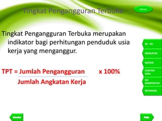 19
Keluar
SK - KD
INDIKATOR
MATERI
CONTOH
SOAL
UJI
KOMPENTESI
REFERENSI
Tingkat Pengangguran Terbuka
Tingkat Pengangguran Terbuka merupakan
indikator bagi perhitungan penduduk usia
kerja yang menganggur.
TPT = Jumlah Pengangguran x 100%
Jumlah Angkatan Kerja
 