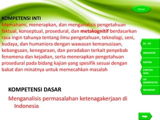 2
SK - KD
INDIKATOR
MATERI
CONTOH
SOAL
UJI
KOMPENTESI
Keluar
REFERENSI
KOMPETENSI INTI
Memahami, menerapkan, dan menganalisis pengetahuan
faktual, konseptual, prosedural, dan metakognitif berdasarkan
rasa ingin tahunya tentang ilmu pengetahuan, teknologi, seni,
budaya, dan humaniora dengan wawasan kemanusiaan,
kebangsaan, kenegaraan, dan peradaban terkait penyebab
fenomena dan kejadian, serta menerapkan pengetahuan
prosedural pada bidang kajian yang spesifik sesuai dengan
bakat dan minatnya untuk memecahkan masalah
KOMPETENSI DASAR
Menganalisis permasalahan ketenagakerjaan di
Indonesia
 