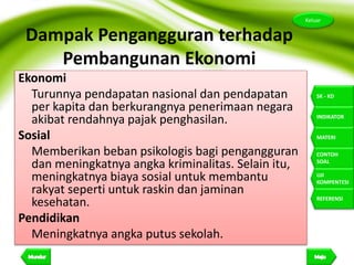21
Keluar
SK - KD
INDIKATOR
MATERI
CONTOH
SOAL
UJI
KOMPENTESI
REFERENSI
Dampak Pengangguran terhadap
Pembangunan Ekonomi
Ekonomi
Turunnya pendapatan nasional dan pendapatan
per kapita dan berkurangnya penerimaan negara
akibat rendahnya pajak penghasilan.
Sosial
Memberikan beban psikologis bagi pengangguran
dan meningkatnya angka kriminalitas. Selain itu,
meningkatnya biaya sosial untuk membantu
rakyat seperti untuk raskin dan jaminan
kesehatan.
Pendidikan
Meningkatnya angka putus sekolah.
 