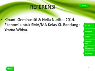 29
Keluar
SK - KD
INDIKATOR
MATERI
CONTOH
SOAL
UJI
KOMPENTESI
REFERENSI
REFERENSI
• Kinanti Geminastiti & Nella Nurlita. 2014.
Ekonomi untuk SMA/MA Kelas XI. Bandung :
Yrama Widya.
 