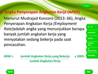 7
Keluar
SK - KD
INDIKATOR
MATERI
CONTOH
SOAL
UJI
KOMPENTESI
REFERENSI
2. Angka Penyerapan Angkatan Kerja (APAK)
Menurut Mudrajad Kuncoro (2013: 66), Angka
Penyerapan Angkatan Kerja (Employment
Rate)adalah angka yang menunjukkan berapa
banyak jumlah angkatan kerja yang
menyatakan sedang bekerja pada saat
pencacahan.
APAK = Jumlah Angkatan Kerja yang Bekerja x 100%
Jumlah Angkatan Kerja
 