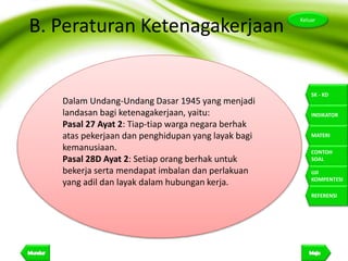 9
Keluar
SK - KD
INDIKATOR
MATERI
CONTOH
SOAL
UJI
KOMPENTESI
REFERENSI
B. Peraturan Ketenagakerjaan
Dalam Undang-Undang Dasar 1945 yang menjadi
landasan bagi ketenagakerjaan, yaitu:
Pasal 27 Ayat 2: Tiap-tiap warga negara berhak
atas pekerjaan dan penghidupan yang layak bagi
kemanusiaan.
Pasal 28D Ayat 2: Setiap orang berhak untuk
bekerja serta mendapat imbalan dan perlakuan
yang adil dan layak dalam hubungan kerja.
 