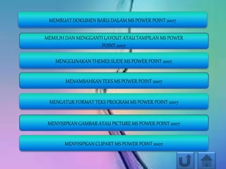 MEMBUAT DOKUMEN BARU DALAM MS POWER POINT 2007
MEMILIH DAN MENGGANTI LAYOUT ATAU TAMPILAN MS POWER
POINT 2007
MENGGUNAKAN THEMES SLIDE MS POWER POINT 2007
MENAMBAHKAN TEKS MS POWER POINT 2007
MENGATUR FORMAT TEKS PROGRAM MS POWER POINT 2007
MENYISIPKAN GAMBAR ATAU PICTURE MS POWER POINT 2007
MENYISIPKAN CLIPART MS POWER POINT 2007
 
