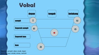 Vokal
depan tengah belakang
luas
sempit
Separuh sempit
Separuh luas
i
e
a
o
u
e
Separuh sempit: ekor, enak, leper
Separuh luas: emak, emas, sentuh
 