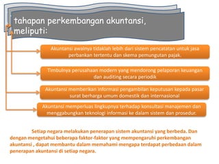 tahapan perkembangan akuntansi,
meliputi:
tahapan perkembangan akuntansi,
meliputi:
tahapan perkembangan akuntansi,
meliputi:
Akuntansi awalnya tidaklah lebih dari sistem pencatatan untuk jasa
perbankan tertentu dan skema pemungutan pajak.
Timbulnya perusahaan modern yang mendorong pelaporan keuangan
dan auditing secara periodik
Akuntansi memberikan informasi pengambilan keputusan kepada pasar
surat berharga umum domestik dan internasional
Akuntansi memperluas lingkupnya terhadap konsultasi manajemen dan
menggabungkan teknologi informasi ke dalam sistem dan prosedur.
Setiap negara melakukan penerapan sistem akuntansi yang berbeda. Dan
dengan mengetahui beberapa faktor-faktor yang mempengaruhi perkembangan
akuntansi , dapat membantu dalam memahami mengapa terdapat perbedaan dalam
penerapan akuntansi di setiap negara.
 