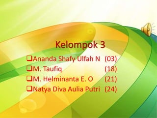 Kelompok 3
Ananda Shafy Ulfah N (03)
M. Taufiq (18)
M. Helminanta E. O (21)
Natya Diva Aulia Putri (24)
 