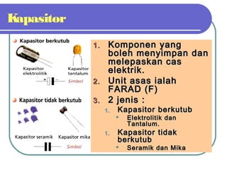 Kapasitor
1.1. Komponen yangKomponen yang
boleh menyimpan danboleh menyimpan dan
melepaskan casmelepaskan cas
elektrik.elektrik.
2.2. Unit asas ialahUnit asas ialah
FARAD (F)FARAD (F)
3.3. 2 jenis :2 jenis :
1.1. Kapasitor berkutubKapasitor berkutub
 Elektrolitik danElektrolitik dan
Tantalum.Tantalum.
1.1. Kapasitor tidakKapasitor tidak
berkutubberkutub
 Seramik dan MikaSeramik dan Mika
 
