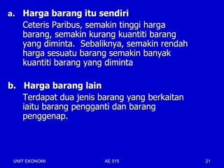 a. Harga barang itu sendiri
    Ceteris Paribus, semakin tinggi harga
    barang, semakin kurang kuantiti barang
    yang diminta. Sebaliknya, semakin rendah
    harga sesuatu barang semakin banyak
    kuantiti barang yang diminta

b. Harga barang lain
   Terdapat dua jenis barang yang berkaitan
   iaitu barang pengganti dan barang
   penggenap.




 UNIT EKONOMI          AE 015                  21
 