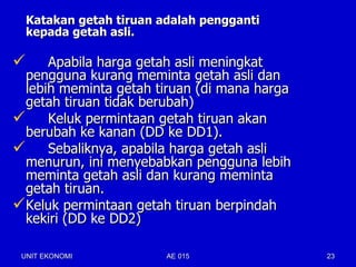 Katakan getah tiruan adalah pengganti
    kepada getah asli.

    Apabila harga getah asli meningkat
 pengguna kurang meminta getah asli dan
 lebih meminta getah tiruan (di mana harga
 getah tiruan tidak berubah)
 Keluk permintaan getah tiruan akan
 berubah ke kanan (DD ke DD1).
 Sebaliknya, apabila harga getah asli
 menurun, ini menyebabkan pengguna lebih
 meminta getah asli dan kurang meminta
 getah tiruan.
Keluk permintaan getah tiruan berpindah
 kekiri (DD ke DD2)

 UNIT EKONOMI             AE 015             23
 