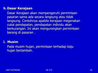 h. Dasar Kerajaan
   Dasar Kerajaan akan mempengaruhi permintaan
   pasaran sama ada secara langsung atau tidak
   langsung. Contohnya apabila kerajaan megenakan
   cukai pendapatan, pendapatan individu akan
   berkurangan. Ini akan mengurangkan permintaan
   barang di pasaran .

i. Musim
   Pada musim hujan, permintaan terhadap baju
   hujan bertambah.




 UNIT EKONOMI              AE 015                   35
 