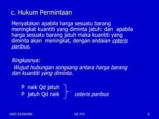 c. Hukum Permintaan
 Menyatakan apabila harga sesuatu barang
 meningkat kuantiti yang diminta jatuh: dan apabila
 harga sesuatu barang jatuh maka kuantiti yang
 diminta akan meningkat, dengan andaian ceteris
 paribus.

 Ringkasnya:
  Wujud hubungan songsang antara harga barang
 dan kuantiti yang diminta.

      P naik Qd jatuh
      P jatuh Qd naik     ceteris paribus


UNIT EKONOMI              AE 015                      8
 
