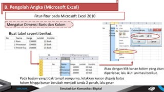 Mengatur Dimensi Baris dan Kolom
B. Pengolah Angka (Microsoft Excel)
Fitur-fitur pada Microsoft Excel 2010
Buat tabel seperti berikut.
Pada bagian yang tidak tampil sempurna, letakkan kursor di garis batas
kolom hingga kursor berubah menjadi tanda 2 panah, lalu geser
Atau dengan klik kanan kolom yang akan
diperlebar, lalu ikuti animasi berikut.
 