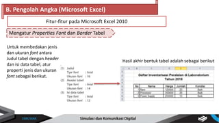 Mengatur Properties Font dan Border Tabel
B. Pengolah Angka (Microsoft Excel)
Fitur-fitur pada Microsoft Excel 2010
Untuk membedakan jenis
dan ukuran font antara
Judul tabel dengan header
dan isi data tabel, atur
properti jenis dan ukuran
font sebagai berikut.
Hasil akhir bentuk tabel adalah sebagai berikut
 