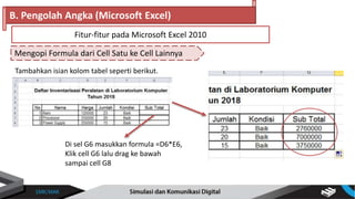Mengopi Formula dari Cell Satu ke Cell Lainnya
B. Pengolah Angka (Microsoft Excel)
Fitur-fitur pada Microsoft Excel 2010
Tambahkan isian kolom tabel seperti berikut.
Di sel G6 masukkan formula =D6*E6,
Klik cell G6 lalu drag ke bawah
sampai cell G8
 