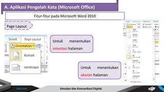 Page Layout
A. Aplikasi Pengolah Kata (Microsoft Office)
Fitur-fitur pada Microsoft Word 2010
Untuk menentukan
orientasi halaman
Untuk menentukan
ukuran halaman
 