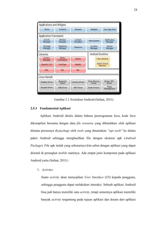 24
Gambar 2.1 Arsitektur Android (Safaat, 2011)
2.5.3 Fundamental Aplikasi
Aplikasi Android ditulis dalam bahasa pemrograman Java, kode Java
dikompilasi bersama dengan data file resource yang dibutuhkan oleh aplikasi
dimana prosesnya di-package oleh tools yang dinamakan “apt tools” ke dalam
paket Android sehingga menghasilkan file dengan ekstensi apk (Android
Package). File apk itulah yang sebenarnya kita sebut dengan aplikasi yang dapat
diinstal di perangkat mobile nantinya. Ada empat jenis komponen pada aplikasi
Android yaitu (Safaat, 2011) :
1. Activites
Suatu activity akan menyajikan User Interface (UI) kepada pengguna,
sehingga pengguna dapat melakukan interaksi. Sebuah aplikasi Android
bisa jadi hanya memiliki satu activity, tetapi umumnya aplikasi memiliki
banyak activity tergantung pada tujuan aplikasi dan desain dari aplikasi
 