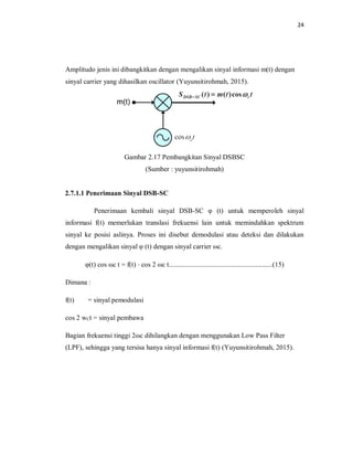 24
Amplitudo jenis ini dibangkitkan dengan mengalikan sinyal informasi m(t) dengan
sinyal carrier yang dihasilkan oscillator (Yuyunsitirohmah, 2015).
Gambar 2.17 Pembangkitan Sinyal DSBSC
(Sumber : yuyunsitirohmah)
2.7.1.1 Penerimaan Sinyal DSB-SC
Penerimaan kembali sinyal DSB-SC φ (t) untuk memperoleh sinyal
informasi f(t) memerlukan translasi frekuensi lain untuk memindahkan spektrum
sinyal ke posisi aslinya. Proses ini disebut demodulasi atau deteksi dan dilakukan
dengan mengalikan sinyal φ (t) dengan sinyal carrier ωc.
φ(t) cos ωc t = f(t) ⋅ cos 2 ωc t............................................................(15)
Dimana :
f(t) = sinyal pemodulasi
cos 2 wCt = sinyal pembawa
Bagian frekuensi tinggi 2ωc dihilangkan dengan menggunakan Low Pass Filter
(LPF), sehingga yang tersisa hanya sinyal informasi f(t) (Yuyunsitirohmah, 2015).
 