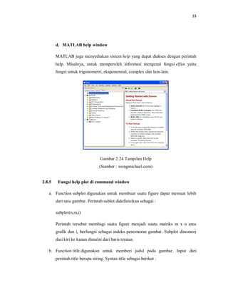 33
d. MATLAB help window
MATLAB juga menyediakan sistem help yang dapat diakses dengan perintah
help. Misalnya, untuk memperoleh informasi mengenai fungsi elfun yaitu
fungsi untuk trigonometri, eksponensial, complex dan lain-lain.
Gambar 2.24 Tampilan Help
(Sumber : wongmichael.com)
2.8.5 Fungsi help plot di command window
a. Function subplot digunakan untuk membuat suatu figure dapat memuat lebih
dari satu gambar. Perintah sublot didefinisikan sebagai :
subplot(n,m,i)
Perintah tersebut membagi suatu figure menjadi suatu matriks m x n area
grafik dan i, berfungsi sebagai indeks penomoran gambar. Subplot dinomori
dari kiri ke kanan dimulai dari baris teratas.
b. Function title digunakan untuk memberi judul pada gambar. Input dari
perintah title berupa string. Syntax title sebagai berikut :
 