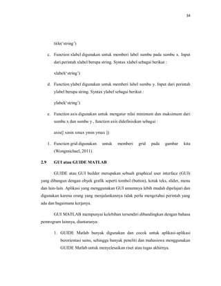 34
title(‘string’)
c. Function xlabel digunakan untuk memberi label sumbu pada sumbu x. Input
dari perintah xlabel berupa string. Syntax xlabel sebagai berikut :
xlabel(‘string’)
d. Function ylabel digunakan untuk memberi label sumbu y. Input dari perintah
ylabel berupa string. Syntax ylabel sebagai berikut :
ylabel(‘string’)
e. Function axis digunakan untuk mengatur nilai minimum dan maksimum dari
sumbu x dan sumbu y , function axis didefinisikan sebagai :
axis([ xmin xmax ymin ymax ])
1. Function grid digunakan untuk memberi grid pada gambar kita
(Wongmichael, 2011).
2.9 GUI atau GUIDE MATLAB
GUIDE atau GUI builder merupakan sebuah graphical user interface (GUI)
yang dibangun dengan obyek grafik seperti tombol (button), kotak teks, slider, menu
dan lain-lain. Aplikasi yang menggunakan GUI umumnya lebih mudah dipelajari dan
digunakan karena orang yang menjalankannya tidak perlu mengetahui perintah yang
ada dan bagaimana kerjanya.
GUI MATLAB mempunyai kelebihan tersendiri dibandingkan dengan bahasa
pemrogram lainnya, diantaranya:
1. GUIDE Matlab banyak digunakan dan cocok untuk aplikasi-aplikasi
berorientasi sains, sehingga banyak peneliti dan mahasiswa menggunakan
GUIDE Matlab untuk menyelesaikan riset atau tugas akhirnya.
 