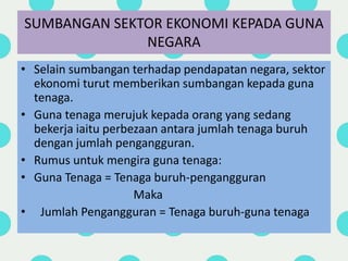 SUMBANGAN SEKTOR EKONOMI KEPADA GUNA
NEGARA
• Selain sumbangan terhadap pendapatan negara, sektor
ekonomi turut memberikan sumbangan kepada guna
tenaga.
• Guna tenaga merujuk kepada orang yang sedang
bekerja iaitu perbezaan antara jumlah tenaga buruh
dengan jumlah pengangguran.
• Rumus untuk mengira guna tenaga:
• Guna Tenaga = Tenaga buruh-pengangguran
Maka
• Jumlah Pengangguran = Tenaga buruh-guna tenaga
 