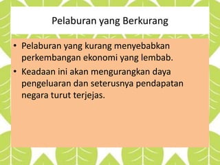 Pelaburan yang Berkurang
• Pelaburan yang kurang menyebabkan
perkembangan ekonomi yang lembab.
• Keadaan ini akan mengurangkan daya
pengeluaran dan seterusnya pendapatan
negara turut terjejas.
 