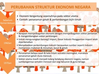 PERUBAHAN STRUKTUR EKONOMI NEGARA
Sebelum
Kemerdekaan
• Ekonomi bergantung sepenuhnya pada sektor utama
• Contoh: penanaman getah & perlombongan bijih timah
1960an
• Kerajaan mempelbagaikan ekonomi dengan mempelbagaikan sektor pertanian
& mengembangkan sektor perkilangan
• Untuk mengurangkan barang2 import, Dasar Industri Penggantian Import telah
diperkenalkan
• Menyebabkan perkembangan industri berasaskan sumber seperti industri
memproses makanan & minuman, kasut & getah
1970an
• Penanaman kelapa sawit & lada hitam semakin meningkat, manakala
penanaman getah mula merosot.
• Sektor utama masih menjadi tulang belakang ekonomi negara, namun
sumbangannya semakin merosot dari segi keluaran & guna tenaga
 
