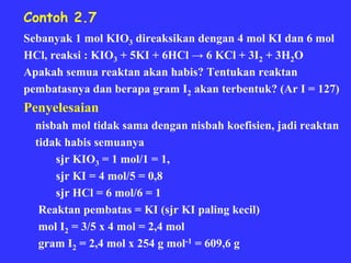 Contoh 2.7
Sebanyak 1 mol KIO3 direaksikan dengan 4 mol KI dan 6 mol
HCl, reaksi : KIO3 + 5KI + 6HCl → 6 KCl + 3I2 + 3H2O
Apakah semua reaktan akan habis? Tentukan reaktan
pembatasnya dan berapa gram I2 akan terbentuk? (Ar I = 127)
Penyelesaian
  nisbah mol tidak sama dengan nisbah koefisien, jadi reaktan
  tidak habis semuanya
      sjr KIO3 = 1 mol/1 = 1,
      sjr KI = 4 mol/5 = 0,8
      sjr HCl = 6 mol/6 = 1
   Reaktan pembatas = KI (sjr KI paling kecil)
   mol I2 = 3/5 x 4 mol = 2,4 mol
   gram I2 = 2,4 mol x 254 g mol-1 = 609,6 g
 