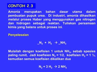 CONTOH 2.3
Amonia merupakan bahan dasar utama dalam
pembuatan pupuk urea. Di industri, amonia dihasilkan
melalui proses Haber yang menggunakan gas nitrogen
dan hidrogen sebagai reaktan. Tuliskan persamaan
kimia yang balans untuk proses ini.

Penyelesaian

                   _N2 + H2      _NH3

Mulailah dengan koefisien 1 untuk NH3, sebab spesies
paling rumit, Jadi koefisien N2 = 1/2, koefisien H2 = 1 ½,
kemudian semua koefisien dikalikan dua

                    N2 + 3 H2    2 NH3
 