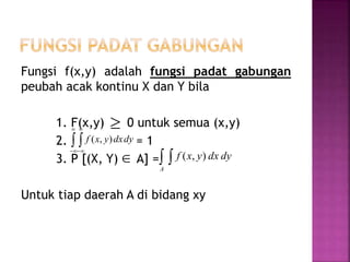 Fungsi f(x,y) adalah fungsi padat gabungan
peubah acak kontinu X dan Y bila
1. F(x,y) 0 untuk semua (x,y)
2. = 1
3. P [(X, Y) A] =
Untuk tiap daerah A di bidang xy

 




dydxyxf ),(
  A
dydxyxf ),(
 
