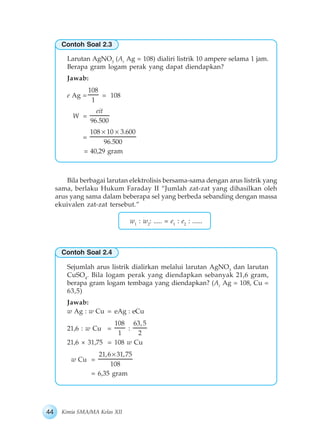 44 Kimia SMA/MA Kelas XII
Larutan AgNO3
(Ar
Ag = 108) dialiri listrik 10 ampere selama 1 jam.
Berapa gram logam perak yang dapat diendapkan?
Jawab:
e Ag =
108
1
= 108
W =
96.500
eit
=
108 10 3.600
96.500
= 40,29 gram
Bila berbagai larutan elektrolisis bersama-sama dengan arus listrik yang
sama, berlaku Hukum Faraday II “Jumlah zat-zat yang dihasilkan oleh
arus yang sama dalam beberapa sel yang berbeda sebanding dengan massa
ekuivalen zat-zat tersebut.”
w1
: w2
: ..... = e1
: e2
: ......
Sejumlah arus listrik dialirkan melalui larutan AgNO3
dan larutan
CuSO4
. Bila logam perak yang diendapkan sebanyak 21,6 gram,
berapa gram logam tembaga yang diendapkan? (Ar
Ag = 108, Cu =
63,5)
Jawab:
w Ag : w Cu = eAg : eCu
21,6 : w Cu =
108
1
:
63,5
2
21,6 × 31,75 = 108 w Cu
w Cu =
21,6 31,75
108
= 6,35 gram
Contoh Soal 2.3
Contoh Soal 2.4
 