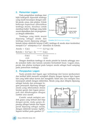 46 Kimia SMA/MA Kelas XII
2. Pemurnian Logam
Pada pengolahan tembaga dari
bijih kalkopirit diperoleh tembaga
yang masih tercampur dengan sedi-
kit perak, emas, dan platina. Untuk
beberapa keperluan dibutuhkan
tembaga murni, misalnya untuk
membuat kabel. Tembaga yang tidak
murni dipisahkan dari zat pengotorn-
ya dengan elektrolisis.
Tembaga yang tidak murni
dipasang sebagai anoda dan
tembaga murni dipasang sebagai
katoda dalam elektrolit larutan CuSO4
tembaga di anoda akan teroksidasi
menjadi Cu2+
selanjutnya Cu2+
direduksi di katoda.
Anoda = Cu(s) Cu2+
(aq) +2e
Katoda = Cu2+
(aq) + 2e Cu(s)
Cu(s) Cu (s)
anoda katoda
Dengan demikian tembaga di anoda pindah ke katoda sehingga ano-
de semakin habis dan katoda semakin bertambah besar. Logam emas,
perak, dan platina terdapat pada lumpur anoda sebagai hasil samping
pada pemurnian tembaga.
3. Penyepuhan Logam
Suatu produk dari logam agar terlindungi dari korosi (perkaratan)
dan terlihat lebih menarik seringkali dilapisi dengan lapisan tipis logam
lain yang lebih tahan korosi dan mengkilat. Salah satu cara melapisi atau
menyepuh adalah dengan elektrolisis. Benda yang akan dilapisi dipasang
sebagai katoda dan potongan lo-
gam penyepuh dipasang sebagai
anoda yang dibenamkan dalam
larutan garam dari logam penye-
puh dan dihubungkan dengan
sumber arus searah.
Contoh: untuk melapisi sen-
dok garpu yang terbuat dari baja
dengan perak, maka garpu di-
pasang sebagai katoda dan logam
perak dipasang sebagai anoda,
dengan elektrolit larutan AgNO3
.
Seperti terlihat pada gambar 2.7
Gambar 2.6 Pemurnian tembaga
Ilustrasi : Haryana
+
Gambar 2.7 Pelapisan sendok dengan logam perak
Ilustrasi : Haryana
 