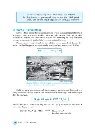 48 Kimia SMA/MA Kelas XII
a. Tuliskan reaksi yang terjadi pada anoda dan katoda!
b. Bagaimana zat pengontrol yang berupa besi, nikel, perak,
emas, dan platina dapat terpisah dari tembaga? Jelaskan!
D. Korosi (Perkaratan)
Korosi adalah proses teroksidasinya suatu logam oleh berbagai zat menjadi
senyawa. Proses korosi merupakan peristiwa elektrokimia. Suatu logam akan
mengalami korosi bila permukaan logam terdapat bagian yang berperan
sebagai anoda dan di bagian lain berperan sebagai katoda.
Proses korosi yang banyak terjadi adalah korosi pada besi. Bagian ter-
tentu dari besi berperan sebagai anoda, sehingga besi mengalami oksidasi.
Fe(s) Fe2+
(aq) + 2e
Elektron yang dilepaskan oleh besi mengalir pada bagian lain dari besi
yang berperan sebagai katoda dan menyebabkan terjadinya reduksi oksigen
dari lingkungan.
O2
(g) + 4H+
(aq) + 4e 2H2
O(l)
Ion Fe2+
kemudian teroksidasi lagi menjadi Fe3+
yang selanjutnya membentuk
karat besi Fe2
O3
× H2
O
2Fe (s) + 3/2O2
(g) + xH2
O Fe2
O3
. xH2
O
karat besi berwarna coklat
Gambar 2.8 Warna coklat kusam pada permukaan besi atau badan mobil
tersebut timbul karena terbentuk karat besi.
Sumber : Encarta Encyclopedia
 