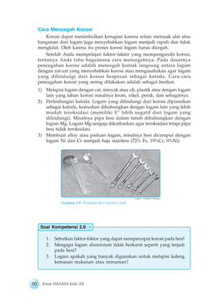 50 Kimia SMA/MA Kelas XII
Soal Kompetensi 2.6
Cara Mencegah Korosi
Korosi dapat menimbulkan kerugian karena selain merusak alat atau
bangunan dari logam juga menyebabkan logam menjadi rapuh dan tidak
mengkilat. Oleh karena itu proses korosi logam harus dicegah.
Setelah Anda mempelajari faktor-faktor yang mempengaruhi korosi,
tentunya Anda tahu bagaimana cara mencegahnya. Pada dasarnya
pencegahan korosi adalah mencegah kontak langsung antara logam
dengan zat-zat yang menyebabkan korosi atau mengusahakan agar logam
yang dilindungi dari korosi berperan sebagai katoda. Cara-cara
pencegahan korosi yang sering dilakukan adalah sebagai berikut.
1) Melapisi logam dengan cat, minyak atau oli, plastik atau dengan logam
lain yang tahan korosi misalnya krom, nikel, perak, dan sebagainya.
2) Perlindungan katoda. Logam yang dilindungi dari korosi diposisikan
sebagai katoda, kemudian dihubungkan dengan logam lain yang lebih
mudah teroksidasi (memiliki E° lebih negatif dari logam yang
dilindungi). Misalnya pipa besi dalam tanah dihubungkan dengan
logam Mg. Logam Mg sengaja dikorbankan agar teroksidasi tetapi pipa
besi tidak teroksidasi.
3) Membuat alloy atau paduan logam, misalnya besi dicampur dengan
logam Ni dan Cr menjadi baja stainless (72% Fe, 19%Cr, 9%Ni).
1. Sebutkan faktor-faktor yang dapat mempercepat korosi pada besi!
2. Mengapa logam aluminium tidak berkarat seperti yang terjadi
pada besi?
3. Logam apakah yang banyak digunakan untuk melapisi kaleng
kemasan makanan atau minuman?
Gambar 2.9 Peralatan dari stainless steel
Sumber : Dokumen Haryana
 
