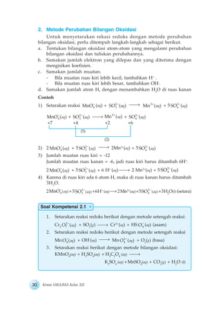 30 Kimia SMA/MA Kelas XII
Soal Kompetensi 2.1
2. Metode Perubahan Bilangan Oksidasi
Untuk menyetarakan rekasi redoks dengan metode perubahan
bilangan oksidasi, perlu ditempuh langkah-langkah sebagai berikut.
a. Tentukan bilangan oksidasi atom-atom yang mengalami perubahan
bilangan oksidasi dan tuliskan perubahannya.
b. Samakan jumlah elektron yang dilepas dan yang diterima dengan
mengisikan koefisien.
c. Samakan jumlah muatan.
- Bila muatan ruas kiri lebih kecil, tambahkan H+
.
- Bila muatan ruas kiri lebih besar, tambahkan OH-
.
d. Samakan jumlah atom H, dengan menambahkan H2
O di ruas kanan
Contoh
1) Setarakan reaksi 4MnO (aq) + 2
3SO ( )aq 2
Mn ( )aq + 5 2
4SO ( )aq
2) 2 4MnO ( )aq + 5 2
3SO ( )aq 2Mn2+
(aq) + 5 2
4SO ( )aq
3) Jumlah muatan ruas kiri = -12
Jumlah muatan ruas kanan = -6, jadi ruas kiri harus ditambah 6H+
.
2 4MnO ( )aq + 5 2
3SO ( )aq + 6 H+
(aq) 2 Mn2+
(aq) + 5 2
4SO ( )aq
4) Karena di ruas kiri ada 6 atom H, maka di ruas kanan harus ditambah
3H2
O.
2 4 ( )MnO aq +5 2
3 ( )SO aq +6H+
(aq) 2Mn2+
(aq)+5 2
4 ( )SO aq +3H2
O(l) (setara)
1. Setarakan reaksi redoks berikut dengan metode setengah reaksi:
Cr2
2
7O ( )aq + SO2
(g) Cr3+
(aq) + HS 4O (aq) (asam)
2. Setarakan reaksi redoks berikut dengan metode setengah reaksi
Mn 4O ( )aq + OH-
(aq) Mn 2
4O ( )aq + O2
(g) (basa)
3. Setarakan reaksi berikut dengan metode bilangan oksidasi:
KMnO4
(aq) + H2
SO4
(aq) + H2
C2
O4
(aq)
K2
SO4
(aq) +MnSO4
(aq) + CO2
(g) + H2
O (l)
4MnO ( )aq + 2
3SO ( )aq
2
Mn ( )aq + 2
4SO ( )aq
+7 +4 +2 +6
(5)
(2)
 