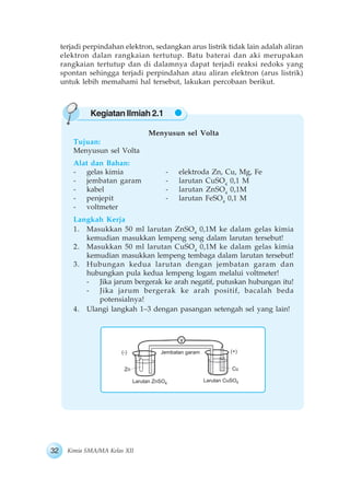 32 Kimia SMA/MA Kelas XII
Kegiatan Ilmiah 2.1
terjadi perpindahan elektron, sedangkan arus listrik tidak lain adalah aliran
elektron dalan rangkaian tertutup. Batu baterai dan aki merupakan
rangkaian tertutup dan di dalamnya dapat terjadi reaksi redoks yang
spontan sehingga terjadi perpindahan atau aliran elektron (arus listrik)
untuk lebih memahami hal tersebut, lakukan percobaan berikut.
Menyusun sel Volta
Tujuan:
Menyusun sel Volta
Alat dan Bahan:
- gelas kimia - elektroda Zn, Cu, Mg, Fe
- jembatan garam - larutan CuSO4
0,1 M
- kabel - larutan ZnSO4
0,1M
- penjepit - larutan FeSO4
0,1 M
- voltmeter
Langkah Kerja
1. Masukkan 50 ml larutan ZnSO4
0,1M ke dalam gelas kimia
kemudian masukkan lempeng seng dalam larutan tersebut!
2. Masukkan 50 ml larutan CuSO4
0,1M ke dalam gelas kimia
kemudian masukkan lempeng tembaga dalam larutan tersebut!
3. Hubungan kedua larutan dengan jembatan garam dan
hubungkan pula kedua lempeng logam melalui voltmeter!
- Jika jarum bergerak ke arah negatif, putuskan hubungan itu!
- Jika jarum bergerak ke arah positif, bacalah beda
potensialnya!
4. Ulangi langkah 1–3 dengan pasangan setengah sel yang lain!
 