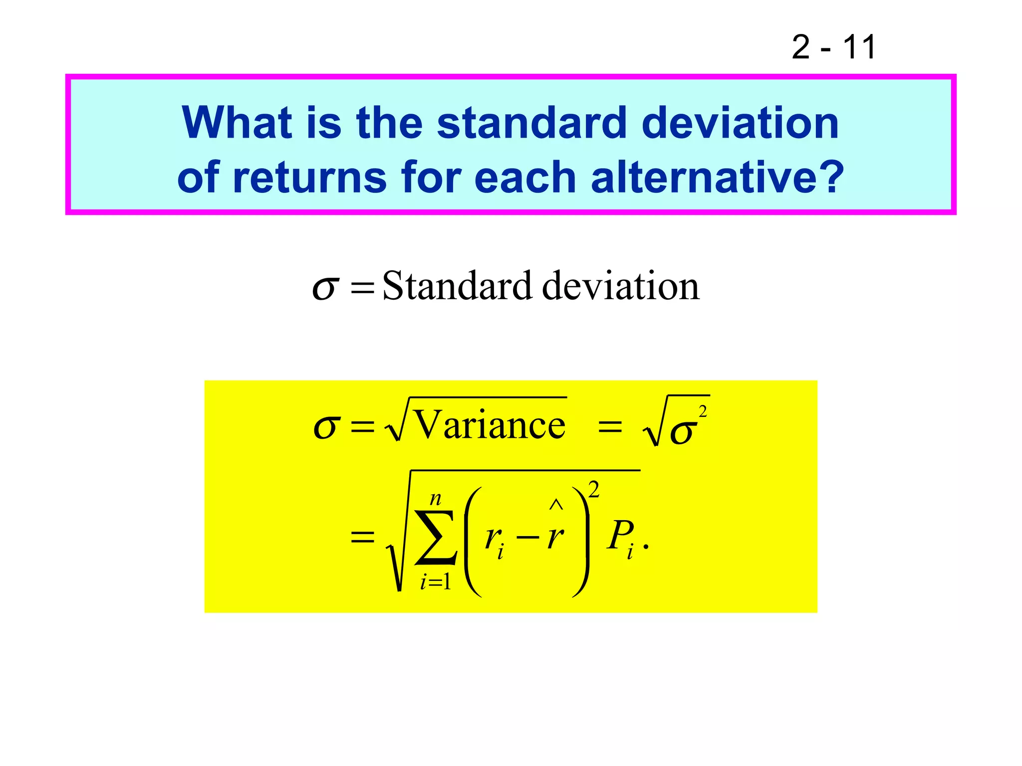 2 - 11
What is the standard deviation
of returns for each alternative?
.
Variance
deviationStandard
1
2
2
∑=
∧






−=
==
=
n
i
ii Prr
σσ
σ
 
