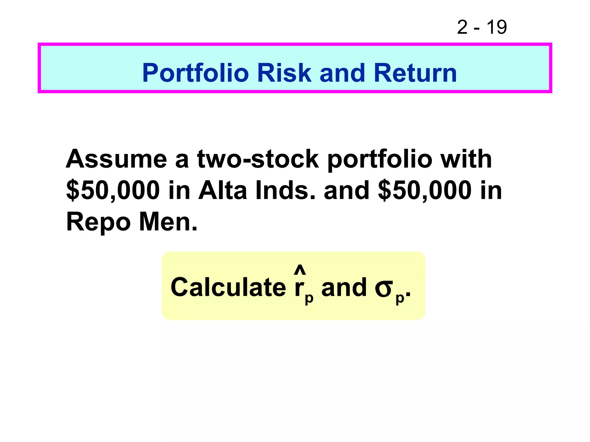 2 - 19
Portfolio Risk and Return
Assume a two-stock portfolio with
$50,000 in Alta Inds. and $50,000 in
Repo Men.
Calculate rp and σp.^
 