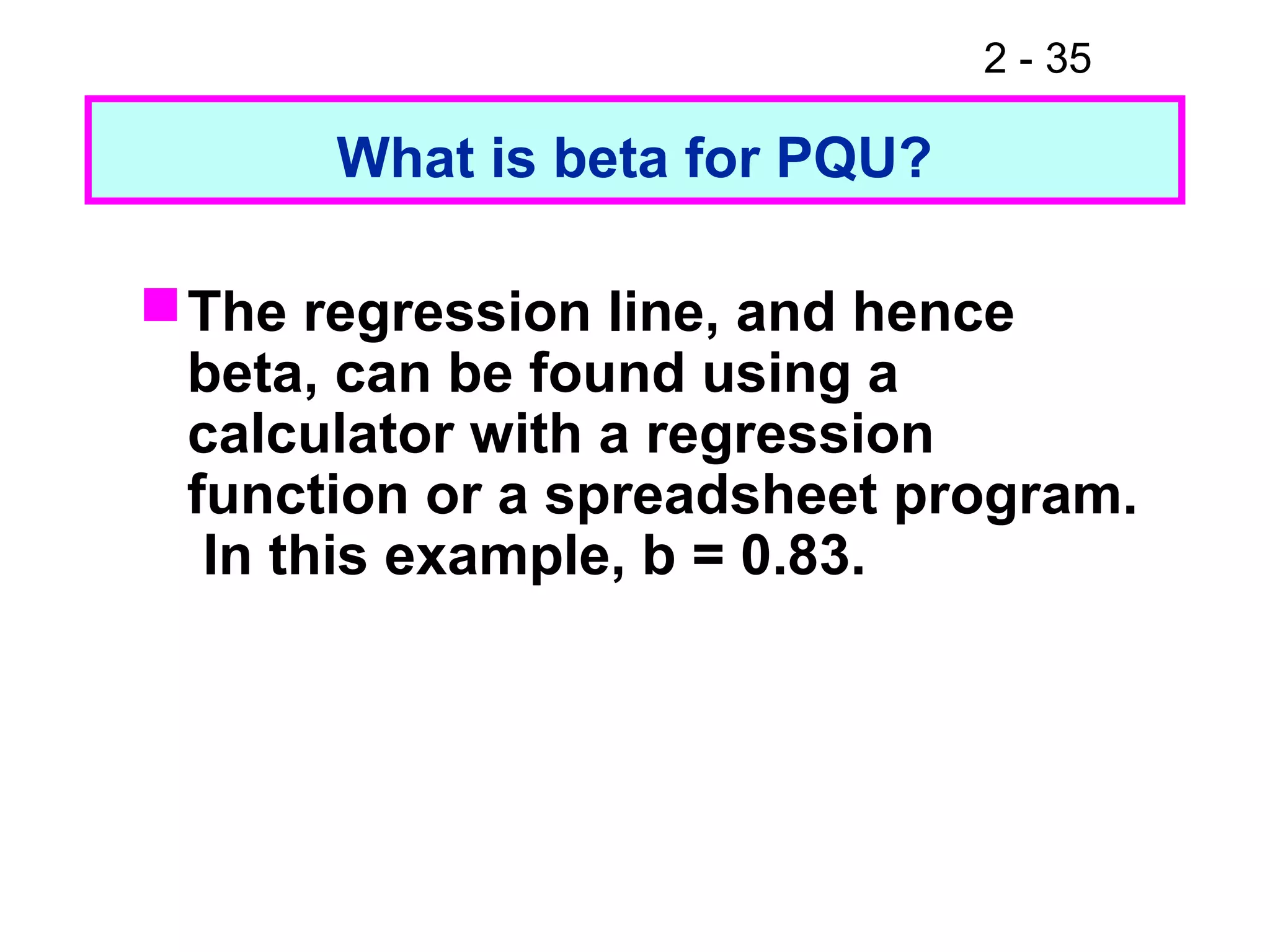 2 - 35
What is beta for PQU?
The regression line, and hence
beta, can be found using a
calculator with a regression
function or a spreadsheet program.
In this example, b = 0.83.
 