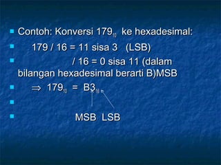  Contoh: Konversi 179Contoh: Konversi 1791010 ke hexadesimal:ke hexadesimal:
 179 / 16 = 11 sisa 3 (LSB)179 / 16 = 11 sisa 3 (LSB)
 / 16 = 0 sisa 11 (dalam/ 16 = 0 sisa 11 (dalam
bilangan hexadesimal berarti B)MSBbilangan hexadesimal berarti B)MSB
 ⇒⇒ 1791791010 = B3= B31616

 MSB LSBMSB LSB
 