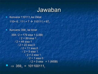 JawabanJawaban
 Konversi 110111Konversi 11011122 ke Oktalke Oktal
110= 6 ; 111 = 7110= 6 ; 111 = 7  11011111011122 = 67= 6788
 Konversi 359Konversi 3591010 ke binerke biner
359 / 2 = 179 sisa 1 (LSB)359 / 2 = 179 sisa 1 (LSB)
/ 2 = 89 sisa 1/ 2 = 89 sisa 1
/ 2 = 44 sisa 1/ 2 = 44 sisa 1
/ 2 = 22 sisa 0/ 2 = 22 sisa 0
/ 2 = 11 sisa 0/ 2 = 11 sisa 0
/ 2 = 5 sisa 1/ 2 = 5 sisa 1
/ 2 = 2 sisa 1/ 2 = 2 sisa 1
/ 2 = 1 sisa 0/ 2 = 1 sisa 0
/ 2 = 0 sisa = 1 (MSB)/ 2 = 0 sisa = 1 (MSB)
 ⇒⇒ 3593591010 = 101100111= 10110011122
 
