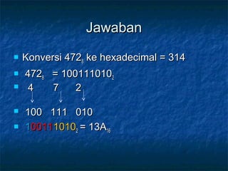 JawabanJawaban
 Konversi 472Konversi 47288 ke hexadecimal = 314ke hexadecimal = 314
 47247288 = 100111010= 10011101022
 4 7 24 7 2
 100 111 010100 111 010
 11001100111010101022 = 13A= 13A1616
 
