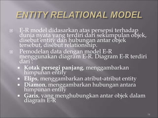 E-R model didasarkan atas persepsi terhadap
dunia nyata yang terdiri dari sekumpulan objek,
disebut entity dan hubungan antar objek
tersebut, disebut relationship.
 Pemodelan data dengan model E-R
menggunakan diagram E-R. Diagram E-R terdiri
dari :
 Kotak persegi panjang, menggambarkan
himpunan entity
 Elips, menggambarkan atribut-atribut entity
 Diamon, menggambarkan hubungan antara
himpunan entity
 Garis, yang menghubungkan antar objek dalam
diagram E-R
18
 