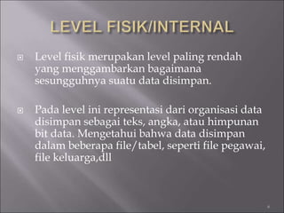  Level fisik merupakan level paling rendah
yang menggambarkan bagaimana
sesungguhnya suatu data disimpan.
 Pada level ini representasi dari organisasi data
disimpan sebagai teks, angka, atau himpunan
bit data. Mengetahui bahwa data disimpan
dalam beberapa file/tabel, seperti file pegawai,
file keluarga,dll
6
 