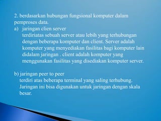 2. berdasarkan hubungan fungsional komputer dalam
pemproses data.
a) jaringan clien server
    terdiriatas sebuah server atau lebih yang terhubungan
    dengan beberapa komputer dan client. Server adalah
    komputer yang menyediakan fasilitas bagi komputer lain
    didalam jaringan . client adalah komputer yang
    menggunakan fasilitas yang disediakan komputer server.

b) jaringan peer to peer
   terdiri atas beberapa terminal yang saling terhubung.
   Jaringan ini bisa digunakan untuk jaringan dengan skala
   besar.
 