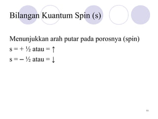 11
Bilangan Kuantum Spin (s)
Menunjukkan arah putar pada porosnya (spin)
s = + ½ atau = ↑
s = – ½ atau = ↓
 