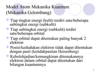 6
Model Atom Mekanika Kuantum
(Mekanika Gelombang)
Tiap tingkat energi (kulit) terdiri satu/beberapa
subtingkat energi (subkulit)
Tiap subtingkat energi (subkulit) terdiri
satu/beberapa orbital
Tiap orbital dapat ditemukan paling banyak 2
elektron
Posisi/kedudukan elektron tidak dapat ditentukan
dengan pasti (ketidakpastian Heisenberg)
Kebolehjadian/kemungkinan ditemukannya
elektron dalam orbital dapat ditentukan dari
bilangan kuantumnya
 