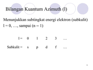 9
Bilangan Kuantum Azimuth (l)
Menunjukkan subtingkat energi elektron (subkulit)
l = 0, …, sampai (n – 1)
l = 0 1 2 3 …
Subkulit = s p d f …
 